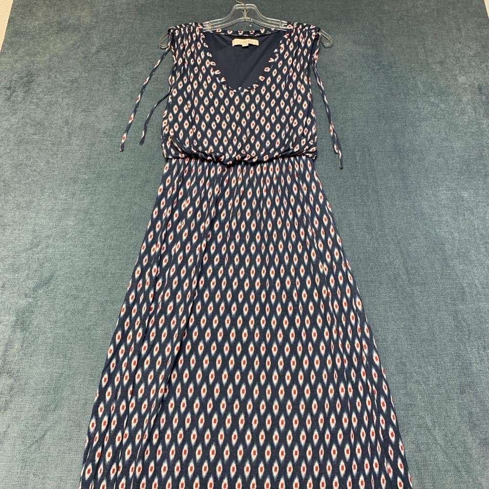Ann Taylor Loft Maxi Dress Womens XS Blue Ikat Print Rayon Tie Waist Scoop Neck